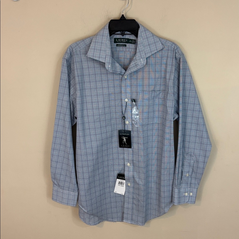 LRL Blue Plaid Classic Fit Stretch Non Iron Button Up Shirt 15.5 x 32/33 NWT